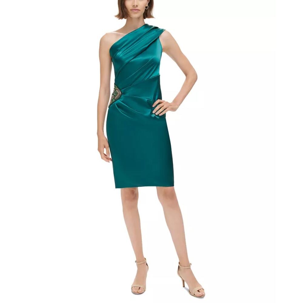 Eliza J One Shoulder Satin Sleeveless Sheath Dress Dark Green Embellished NWT 4